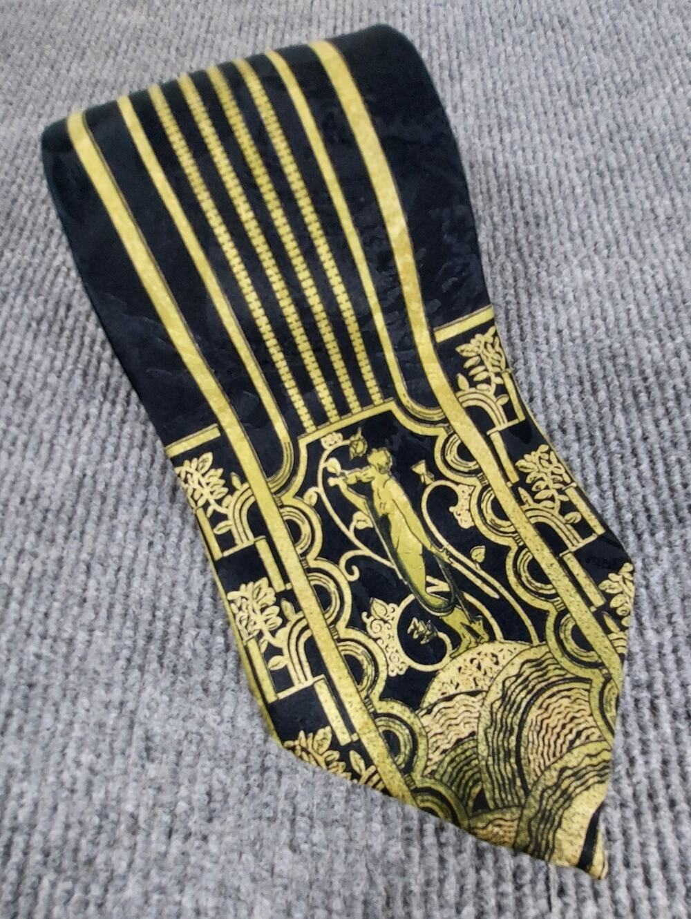 Vintage JAG Neckwear Silk Tie Black Gold Art Deco Revival Power Greco Roman